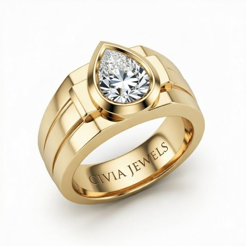 Yellow Gold Pear Cut Bezel Set Solitaire Engagement Ring with Smooth Band