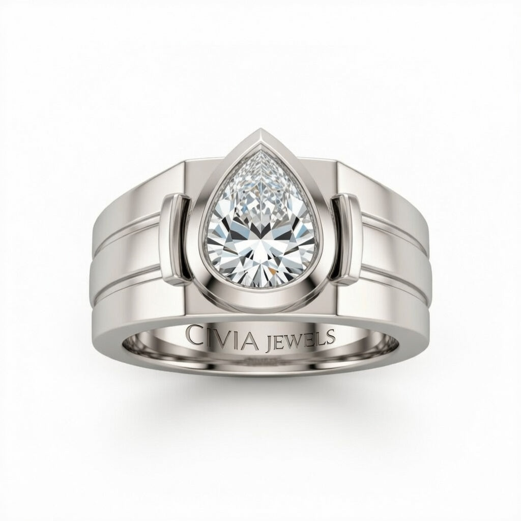 White Gold Pear Cut Bezel Set Solitaire Engagement Ring with Smooth Band