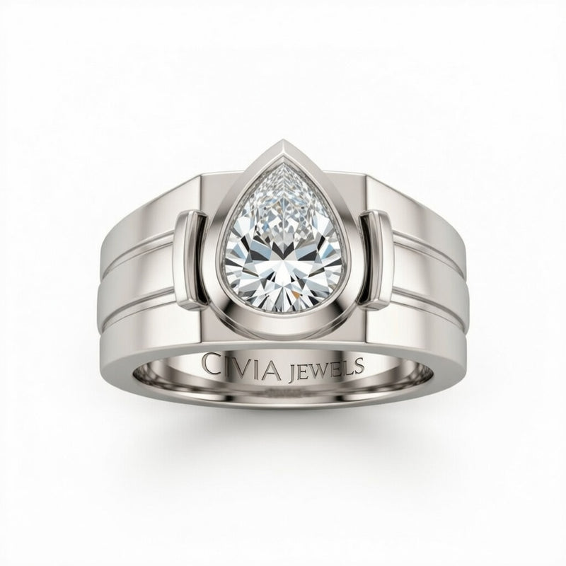 Silver Pear Cut Bezel Set Solitaire Engagement Ring with Smooth Band