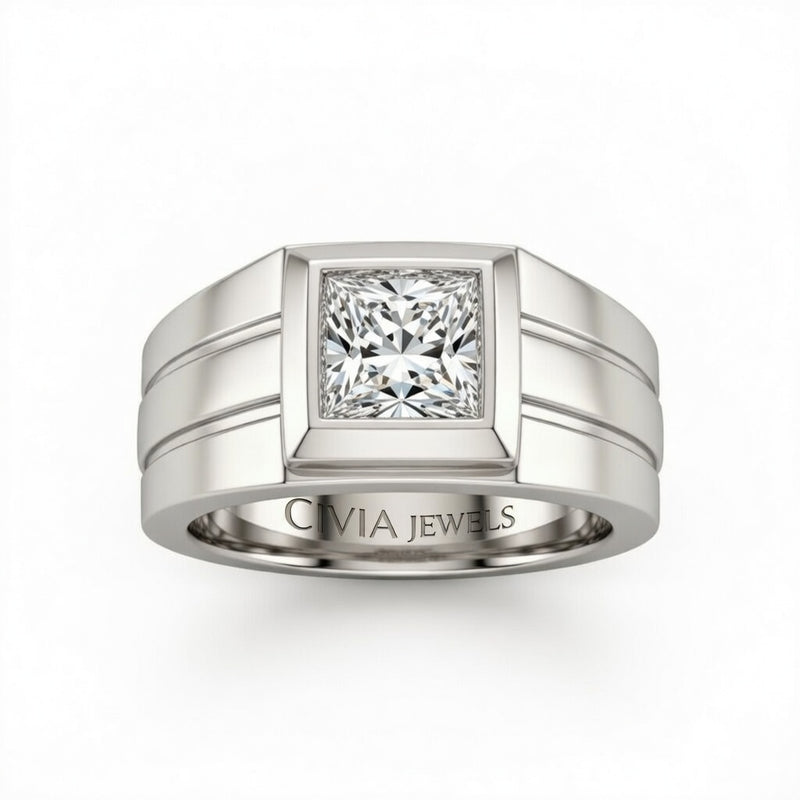 Silver Princess Cut Bezel Set Solitaire Engagement Ring with Smooth Band