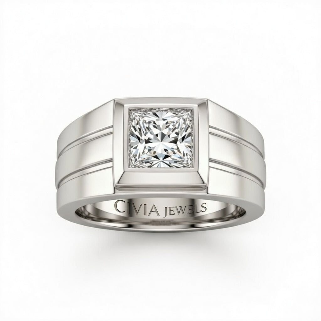 Silver Princess Cut Bezel Set Solitaire Engagement Ring with Smooth Band