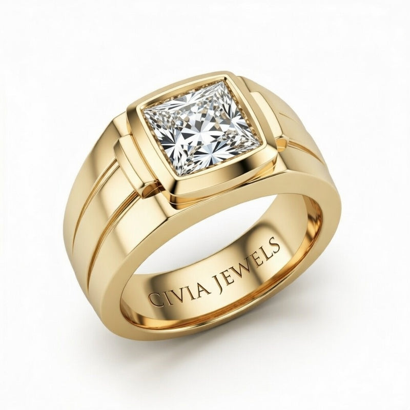 Yellow Gold Princess Cut Bezel Set Solitaire Engagement Ring with Smooth Band