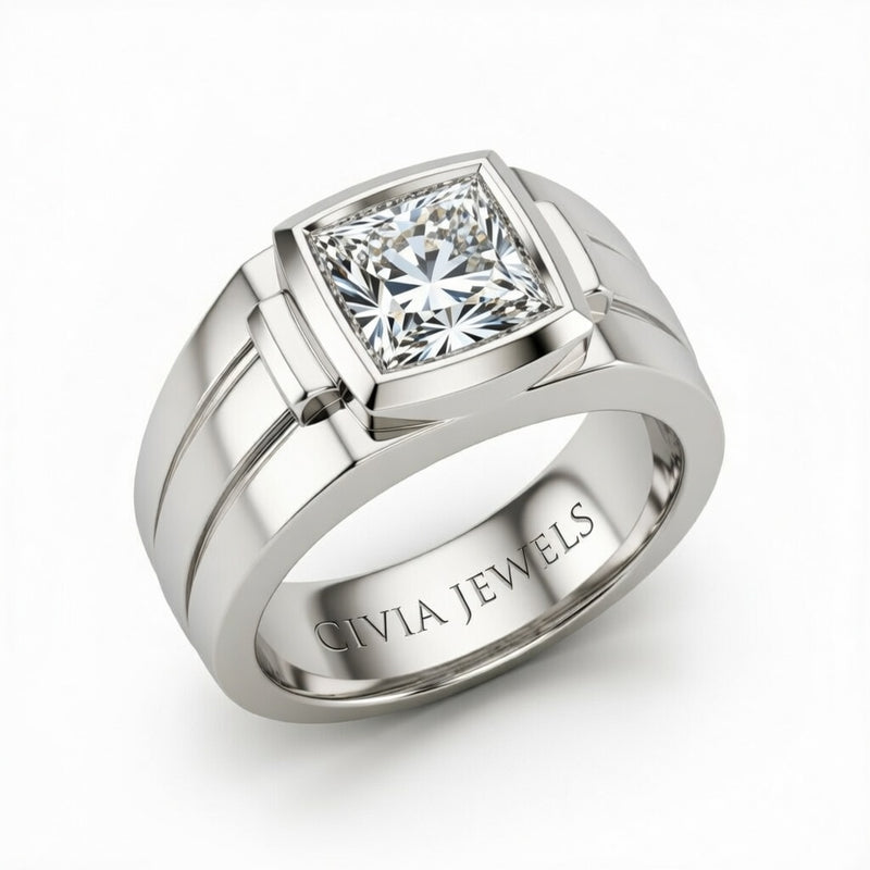 Silver Princess Cut Bezel Set Solitaire Engagement Ring with Smooth Band