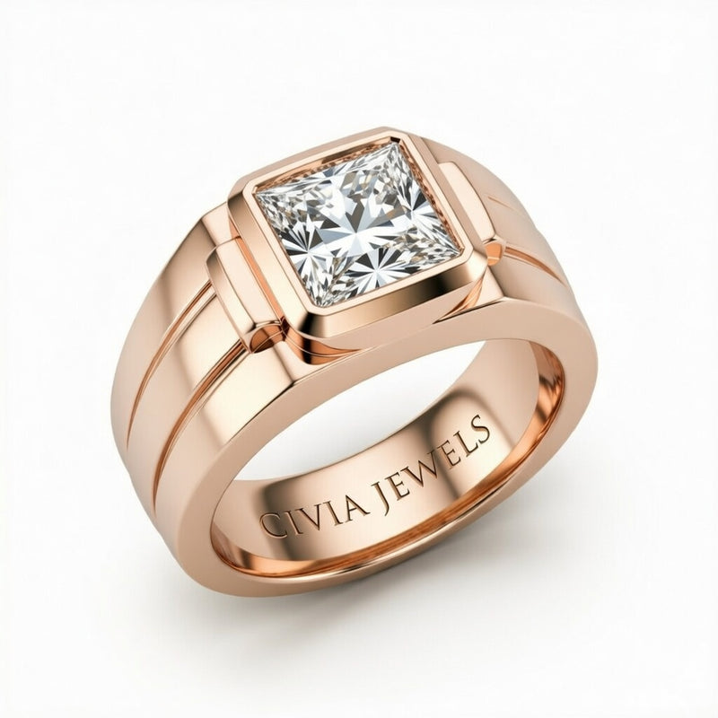 Rose Gold Princess Cut Bezel Set Solitaire Engagement Ring with Smooth Band