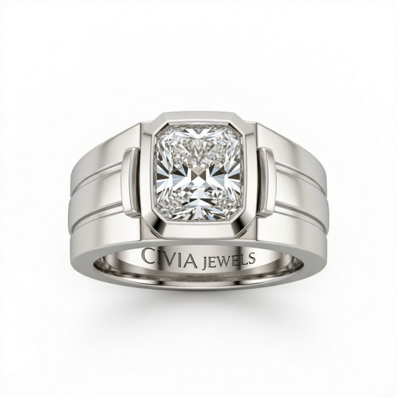 Silver Radiant Cut Bezel Set Solitaire Engagement Ring with Smooth Band