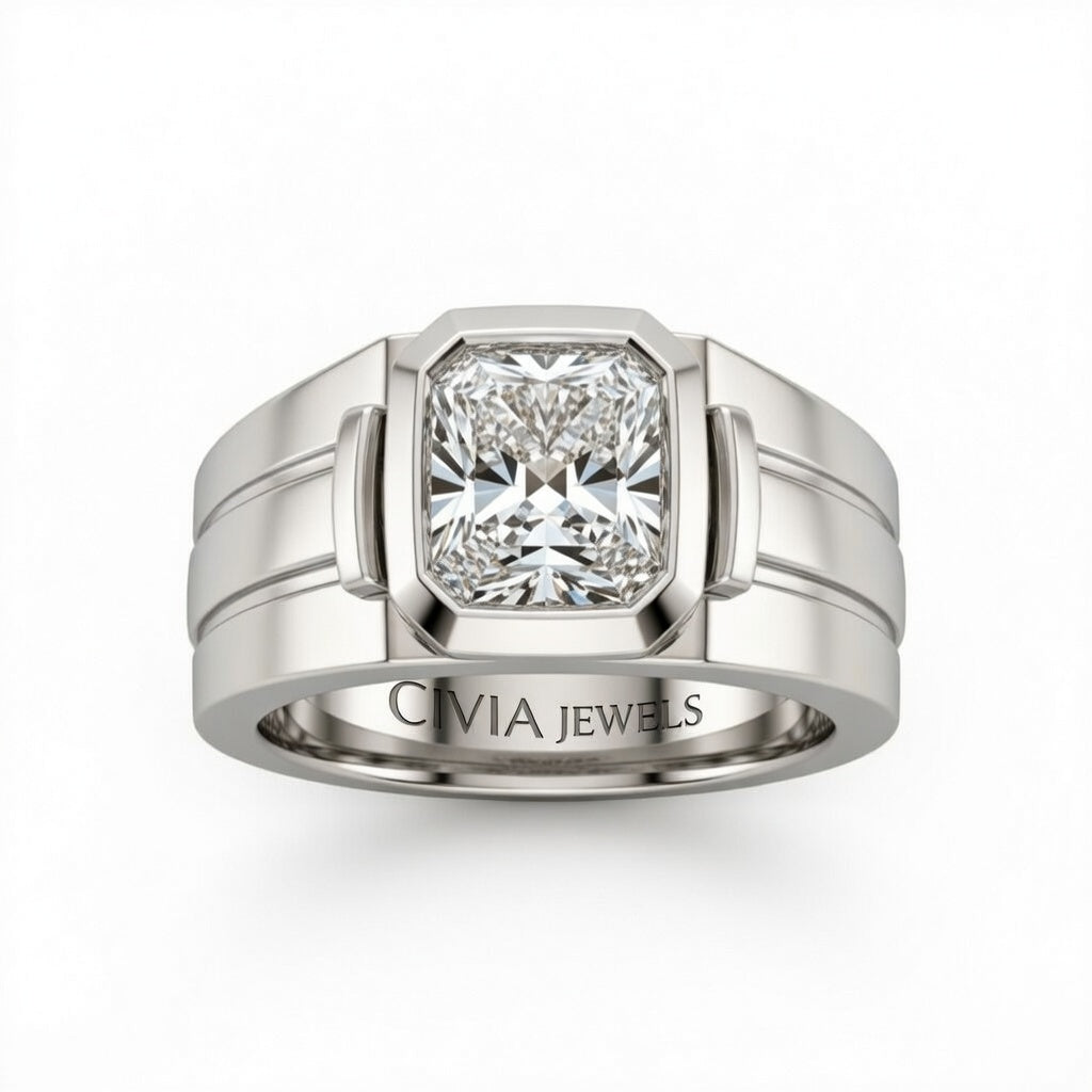 Silver Radiant Cut Bezel Set Solitaire Engagement Ring with Smooth Band