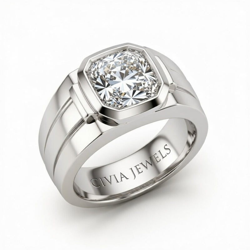 Silver Radiant Cut Bezel Set Solitaire Engagement Ring with Smooth Band