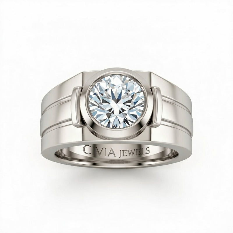 White Gold Round Cut Bezel Set Solitaire Engagement Ring with Smooth Band