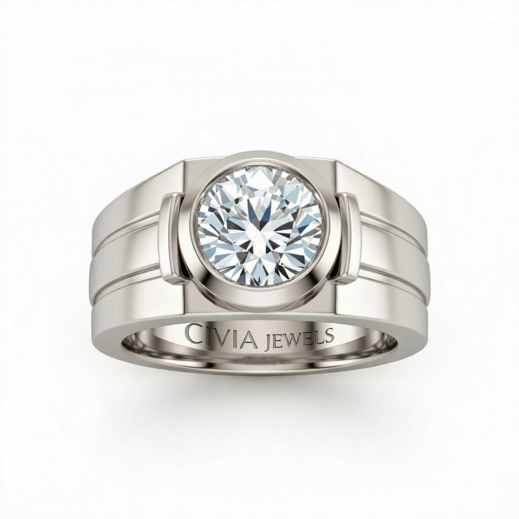 White Gold Round Cut Bezel Set Solitaire Engagement Ring with Smooth Band
