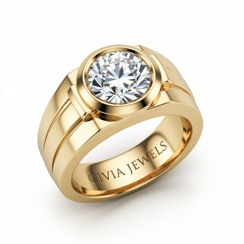 Yellow Gold Round Cut Bezel Set Solitaire Engagement Ring with Smooth Band