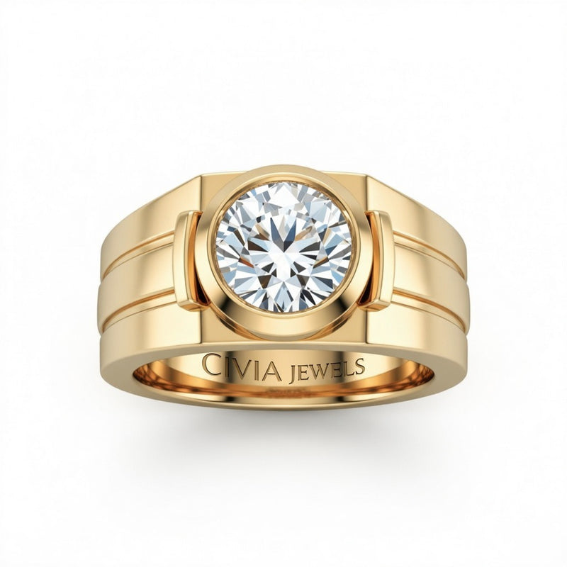 Yellow Gold Round Cut Bezel Set Solitaire Engagement Ring with Smooth Band
