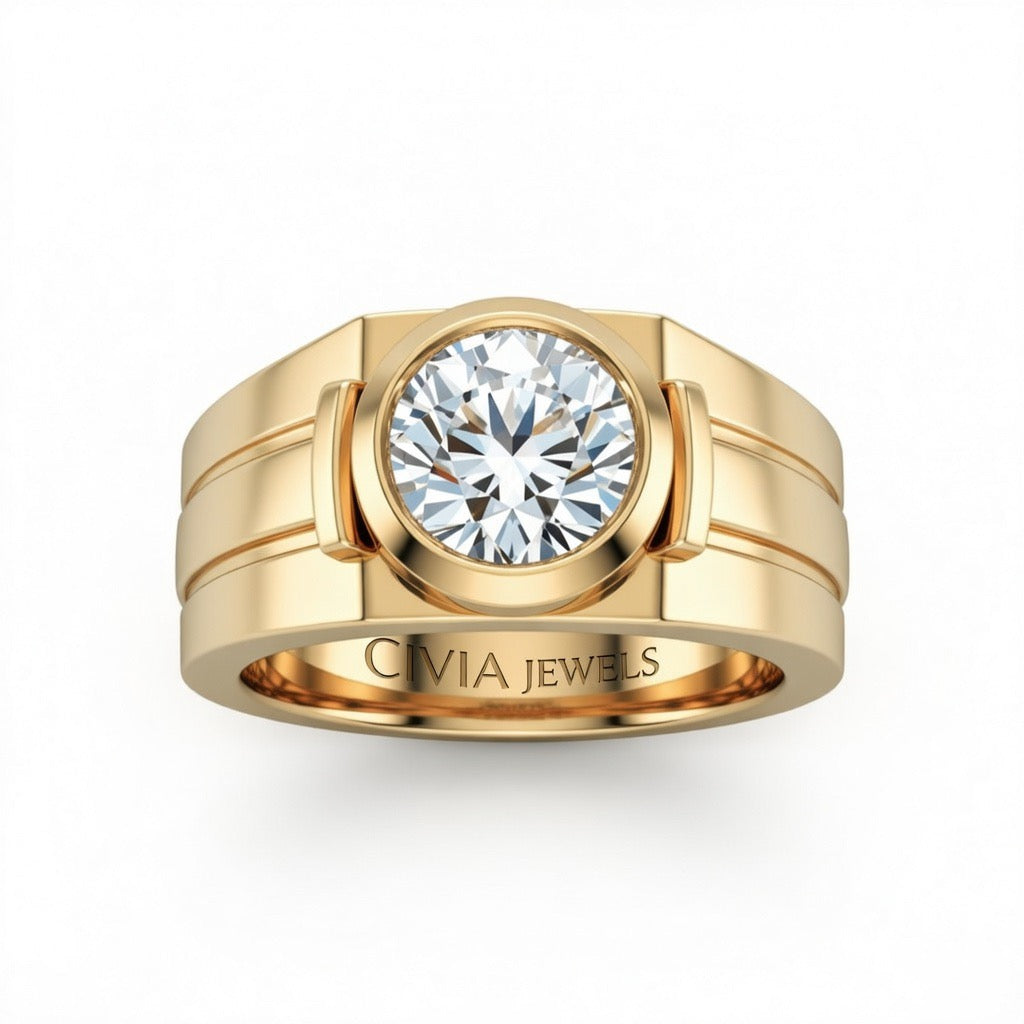 Yellow Gold Round Cut Bezel Set Solitaire Engagement Ring with Smooth Band