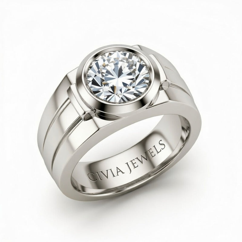 Silver Round Cut Bezel Set Solitaire Engagement Ring with Smooth Band