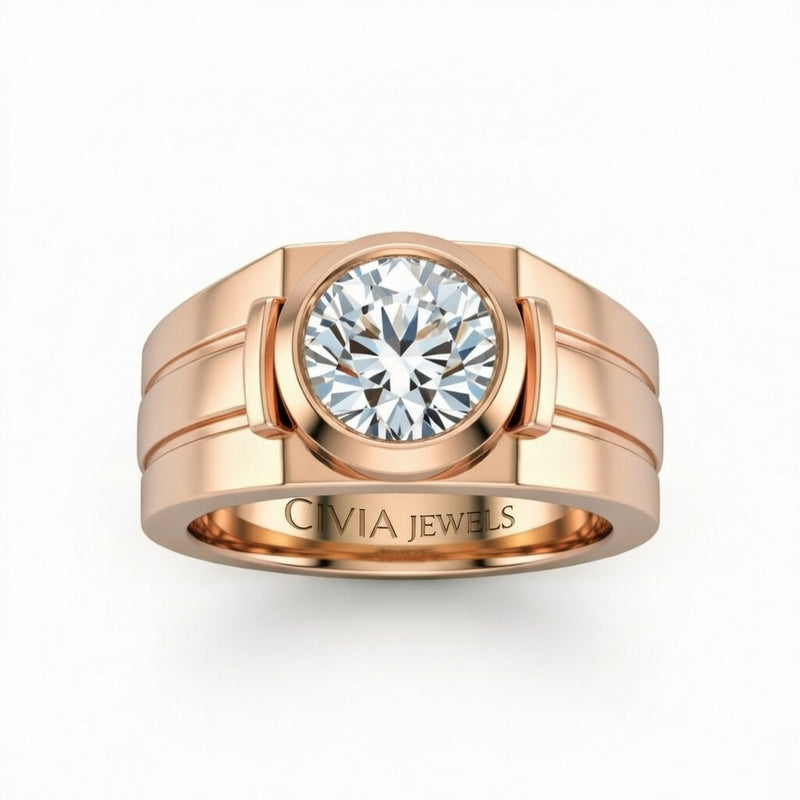 Rose Gold Round Cut Bezel Set Solitaire Engagement Ring with Smooth Band