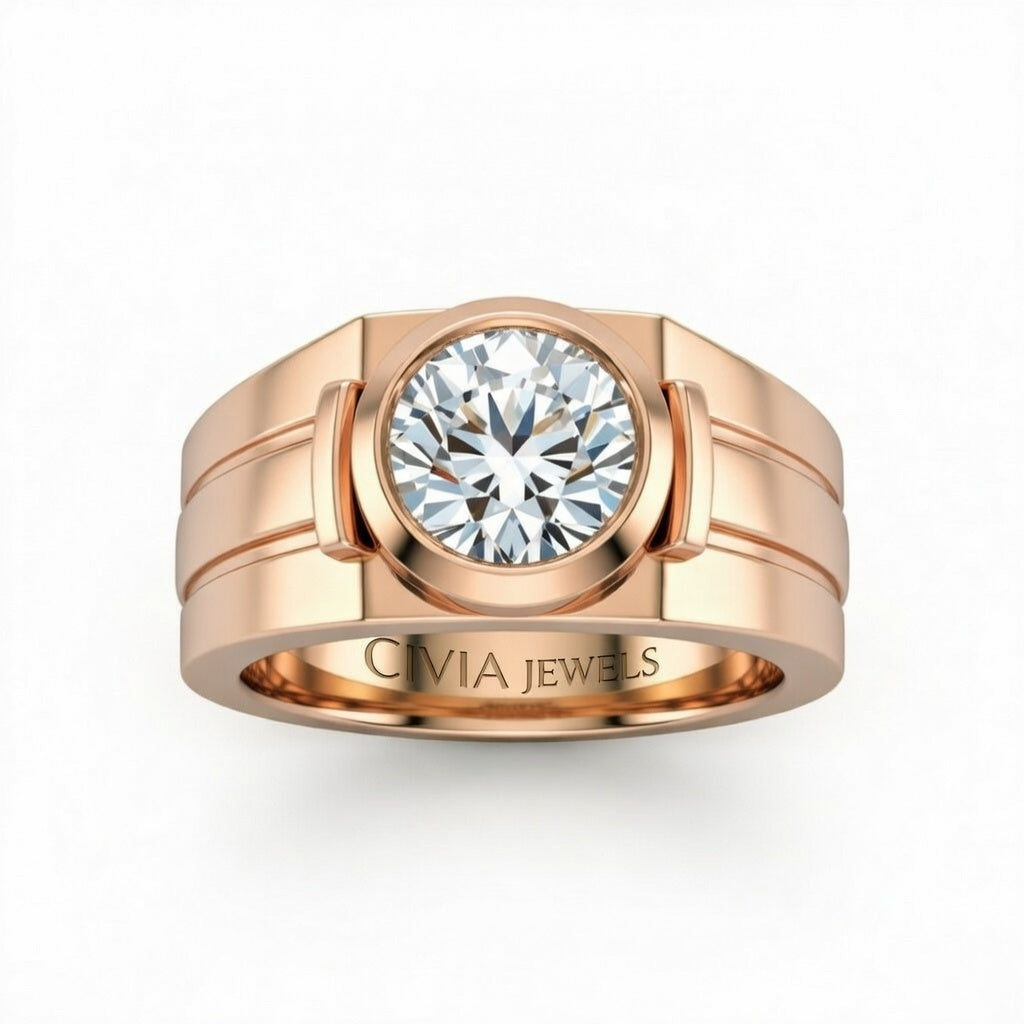 Rose Gold Round Cut Bezel Set Solitaire Engagement Ring with Smooth Band