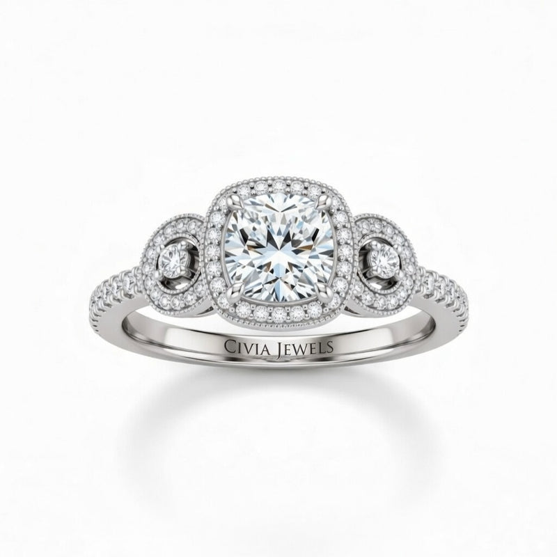 White Gold Cushion Brilliant Three Stone Halo Engagement Ring With Vintage Milgrain Detail