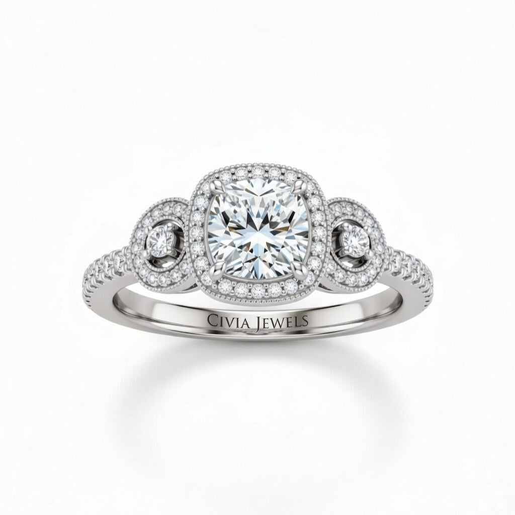 White Gold Cushion Brilliant Three Stone Halo Engagement Ring With Vintage Milgrain Detail