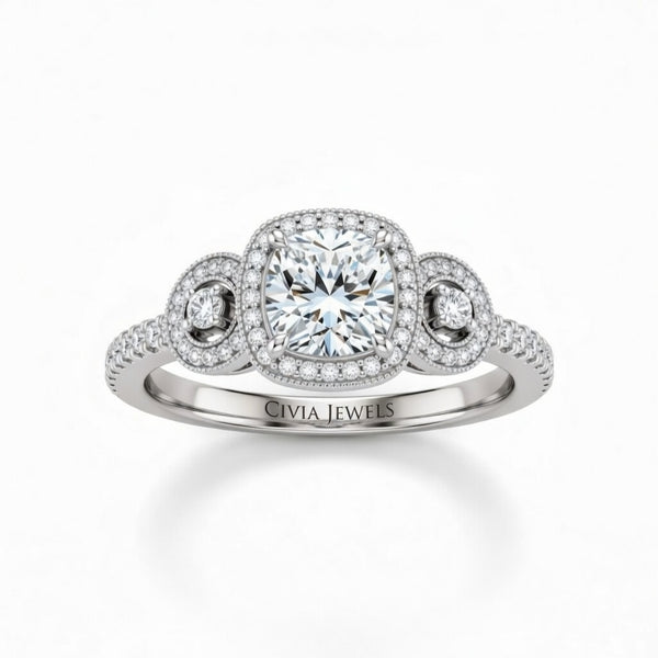 Silver Cushion Brilliant Three Stone Halo Engagement Ring With Vintage Milgrain Detail