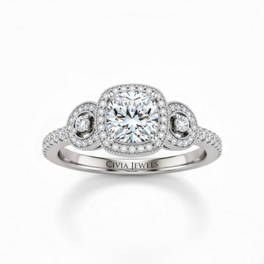 White Gold Cushion Brilliant Three Stone Halo Engagement Ring With Vintage Milgrain Detail