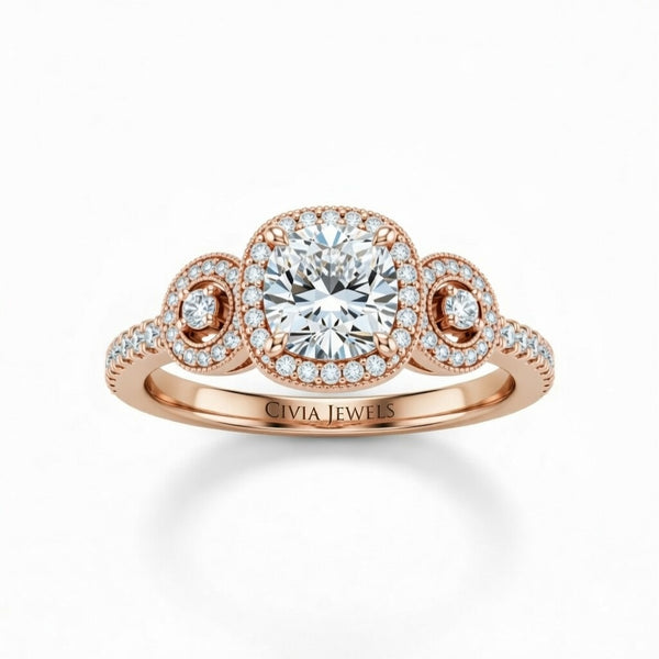 Rose Gold Cushion Brilliant Three Stone Halo Engagement Ring With Vintage Milgrain Detail