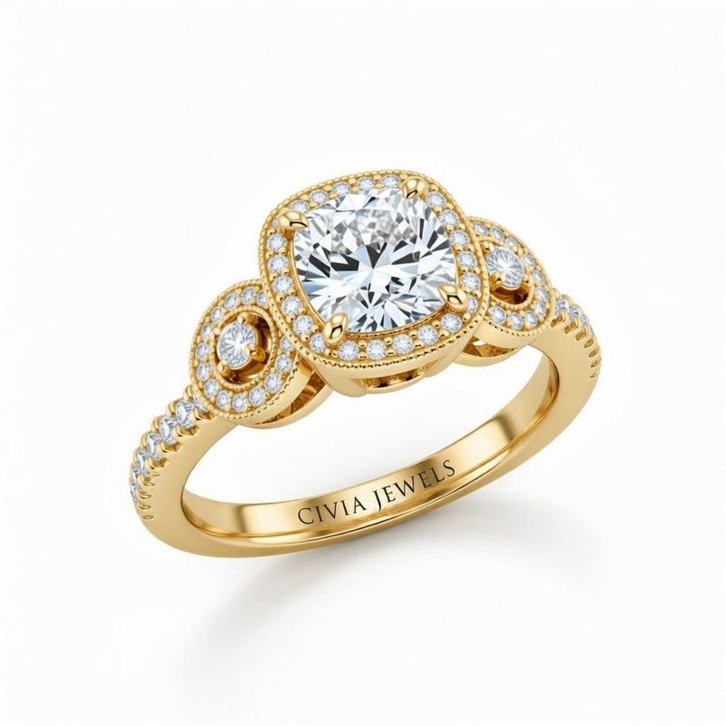 Yellow Gold Cushion Brilliant Three Stone Halo Engagement Ring With Vintage Milgrain Detail