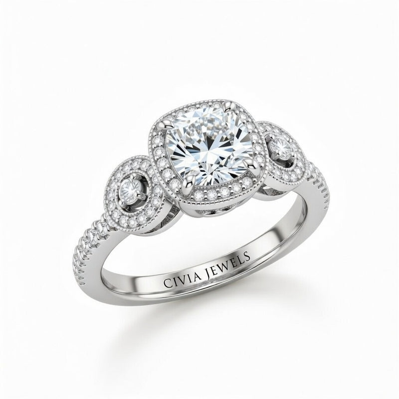 Silver Cushion Brilliant Three Stone Halo Engagement Ring With Vintage Milgrain Detail