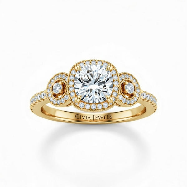 Yellow Gold Cushion Brilliant Three Stone Halo Engagement Ring With Vintage Milgrain Detail