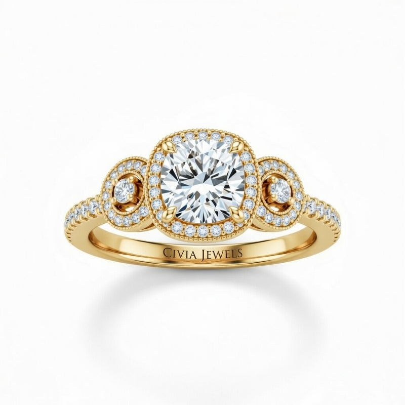 Yellow Gold Cushion Brilliant Three Stone Halo Engagement Ring With Vintage Milgrain Detail