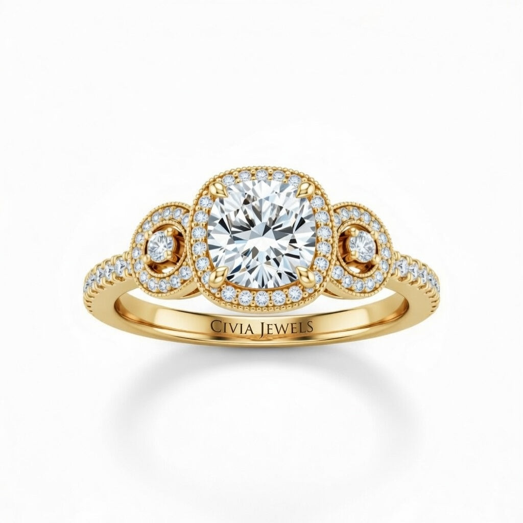 Yellow Gold Cushion Brilliant Three Stone Halo Engagement Ring With Vintage Milgrain Detail