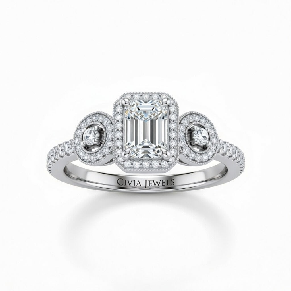 White Gold Emerald Brilliant Three Stone Halo Engagement Ring With Vintage Milgrain Detail