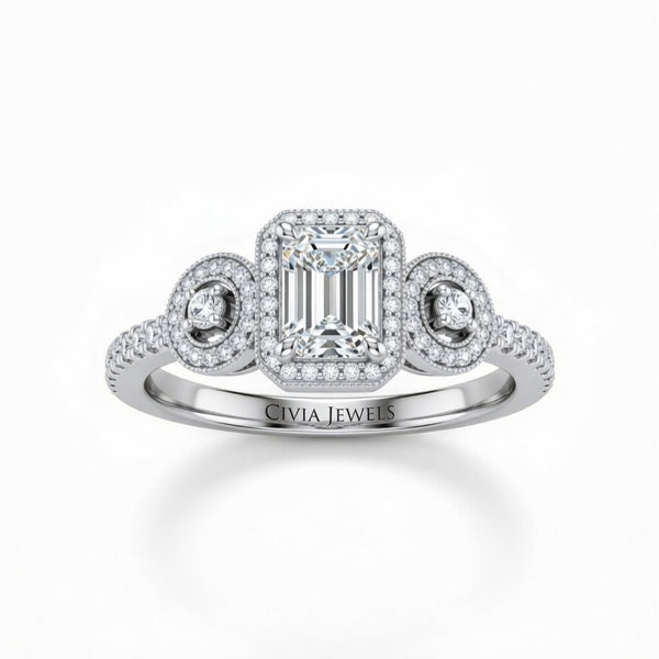 Silver Emerald Brilliant Three Stone Halo Engagement Ring With Vintage Milgrain Detail