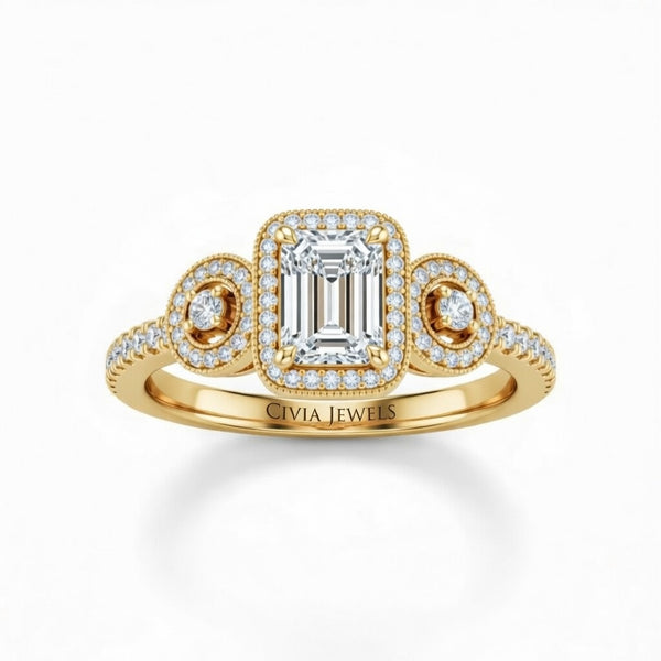 Yellow Gold Emerald Brilliant Three Stone Halo Engagement Ring With Vintage Milgrain Detail