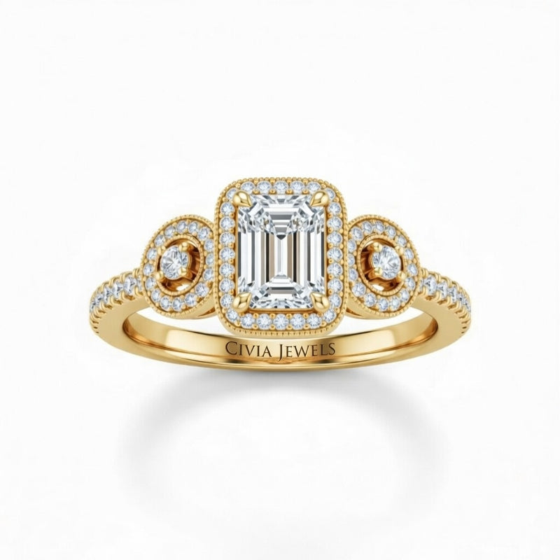 Yellow Gold Emerald Brilliant Three Stone Halo Engagement Ring With Vintage Milgrain Detail