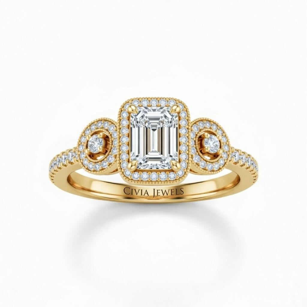 Yellow Gold Emerald Brilliant Three Stone Halo Engagement Ring With Vintage Milgrain Detail