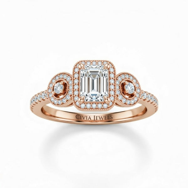 Rose Gold Emerald Brilliant Three Stone Halo Engagement Ring With Vintage Milgrain Detail