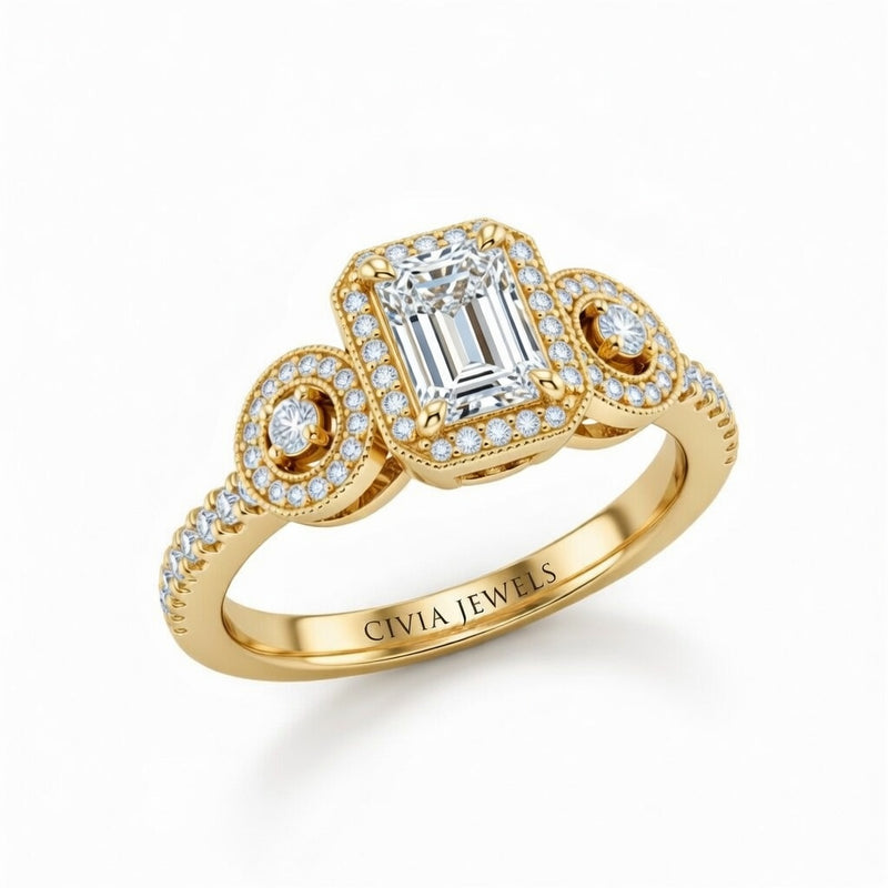 Yellow Gold Emerald Brilliant Three Stone Halo Engagement Ring With Vintage Milgrain Detail
