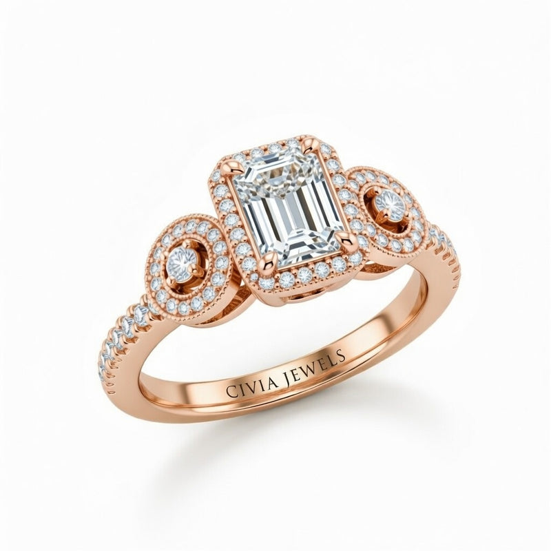 Rose Gold Emerald Brilliant Three Stone Halo Engagement Ring With Vintage Milgrain Detail