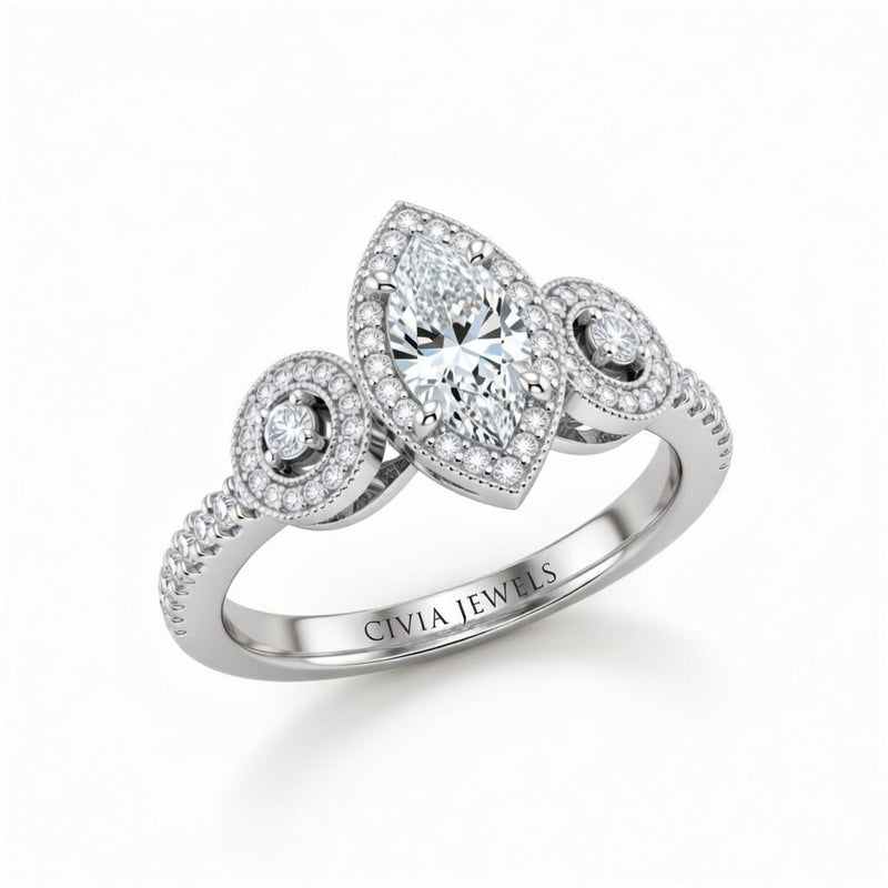 Silver Marquise Brilliant Three Stone Halo Engagement Ring With Vintage Milgrain Detail