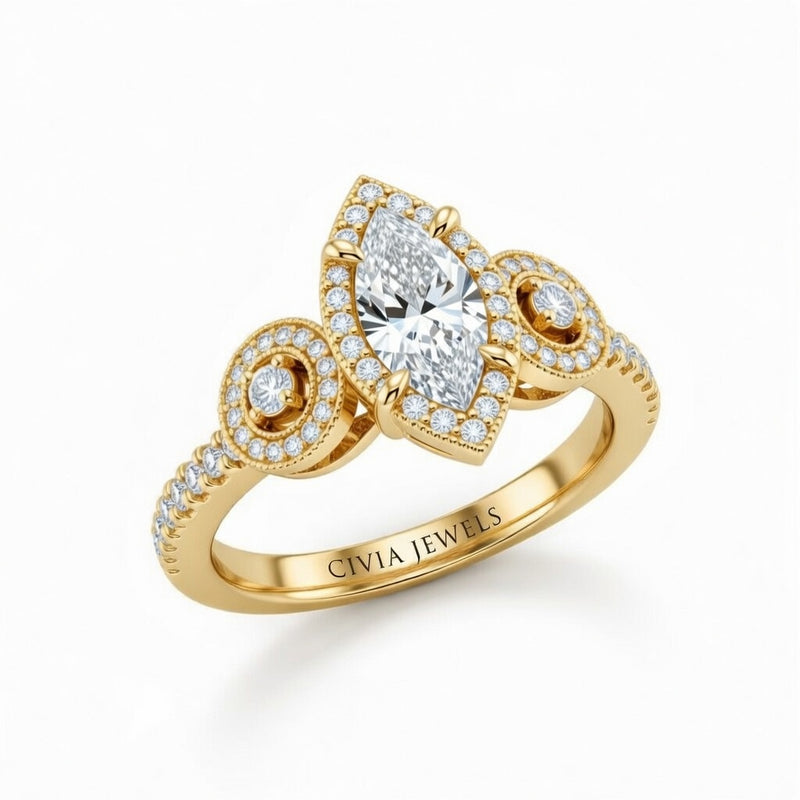 Yellow Gold Marquise Brilliant Three Stone Halo Engagement Ring With Vintage Milgrain Detail