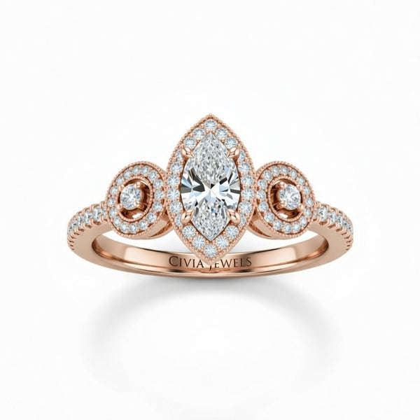 Rose Gold Marquise Brilliant Three Stone Halo Engagement Ring With Vintage Milgrain Detail