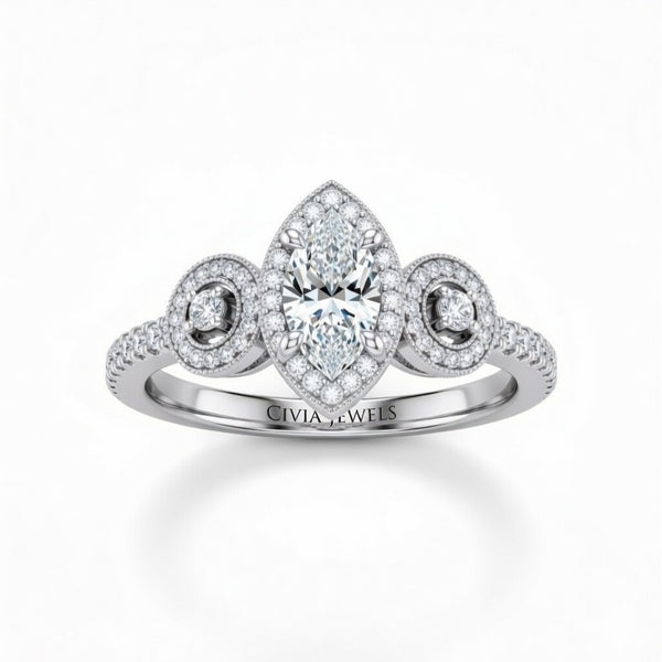 Silver Marquise Brilliant Three Stone Halo Engagement Ring With Vintage Milgrain Detail