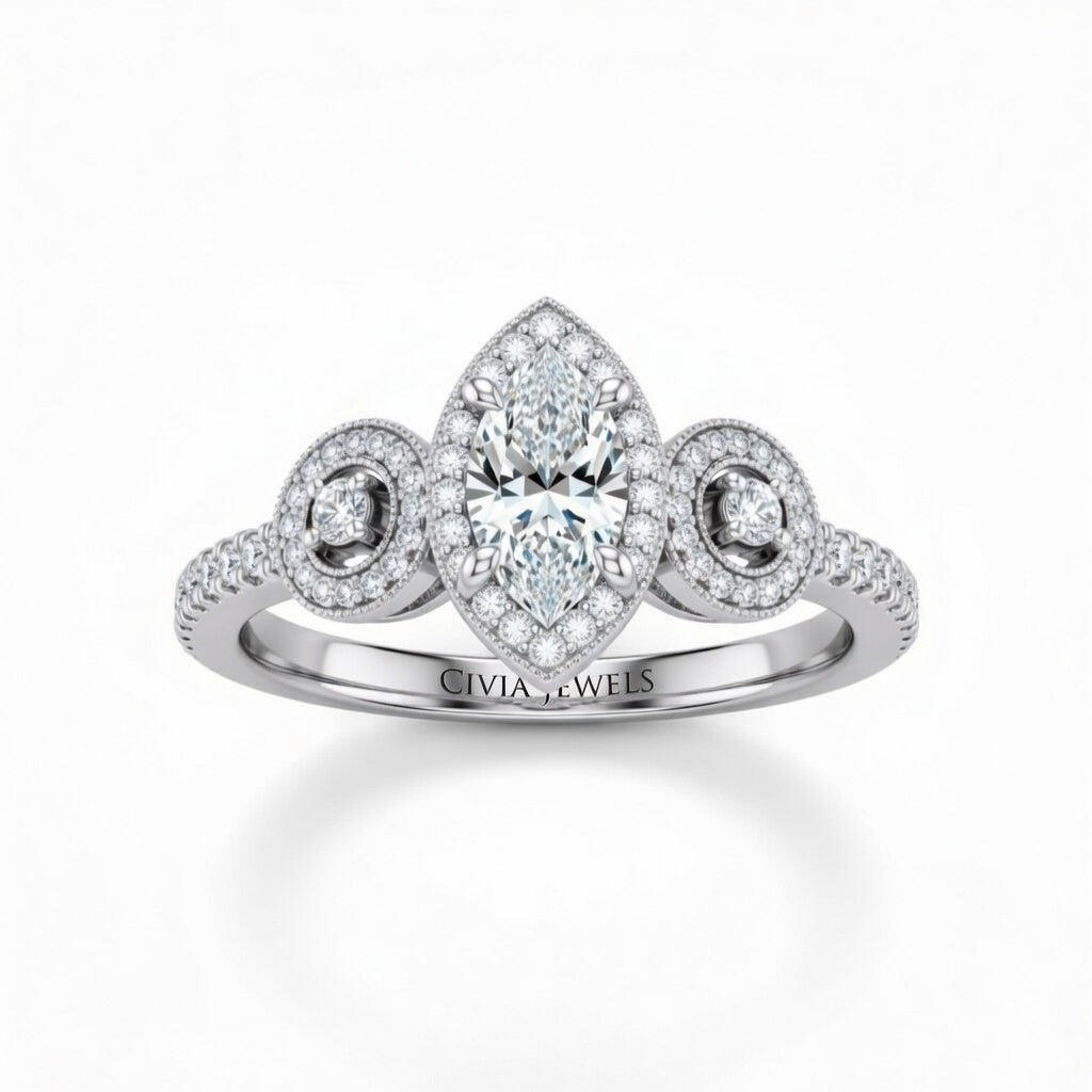 White Gold Marquise Brilliant Three Stone Halo Engagement Ring With Vintage Milgrain Detail