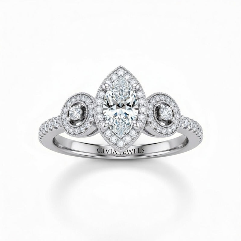 Silver Marquise Brilliant Three Stone Halo Engagement Ring With Vintage Milgrain Detail