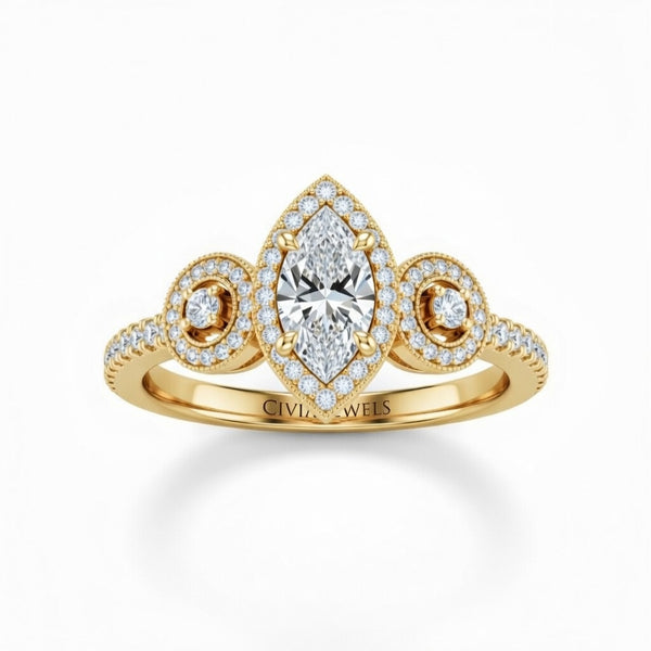 Yellow Gold Marquise Brilliant Three Stone Halo Engagement Ring With Vintage Milgrain Detail