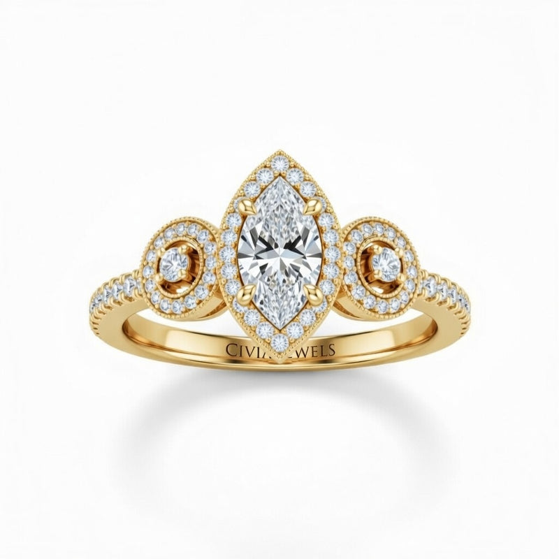 Yellow Gold Marquise Brilliant Three Stone Halo Engagement Ring With Vintage Milgrain Detail