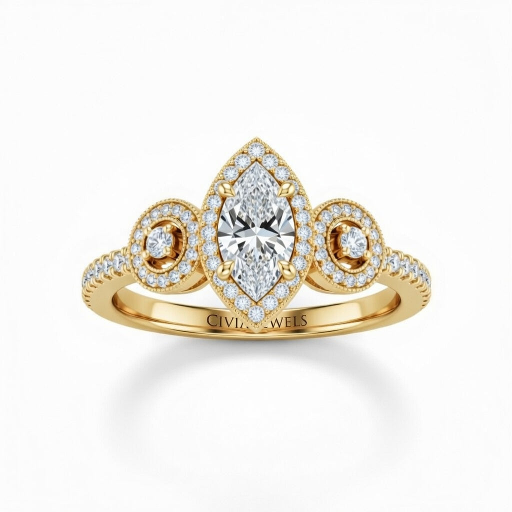 Yellow Gold Marquise Brilliant Three Stone Halo Engagement Ring With Vintage Milgrain Detail