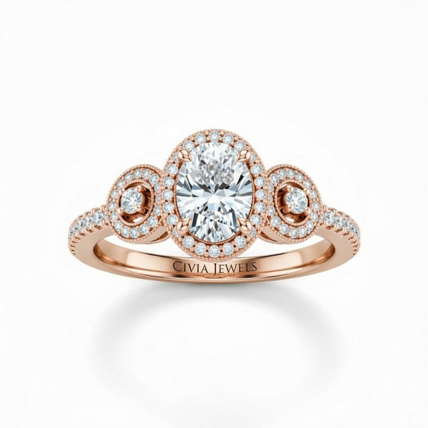 Rose Gold Oval Brilliant Three Stone Halo Engagement Ring With Vintage Milgrain Detail