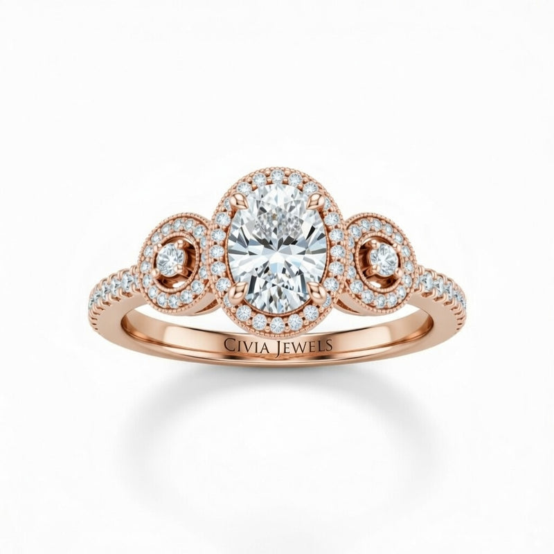 Rose Gold Oval Brilliant Three Stone Halo Engagement Ring With Vintage Milgrain Detail