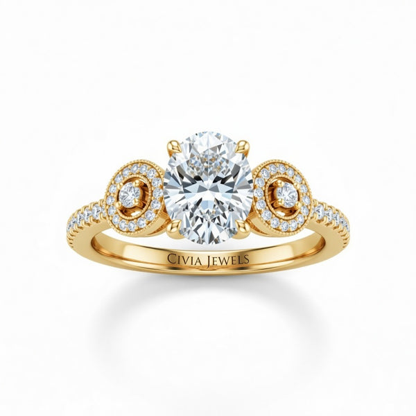 Yellow Gold Oval Brilliant Three Stone Halo Engagement Ring With Vintage Milgrain Detail