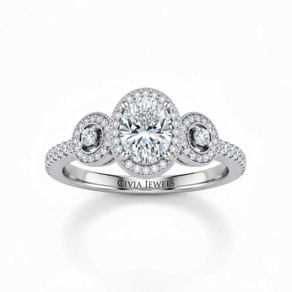 White Gold Oval Brilliant Three Stone Halo Engagement Ring With Vintage Milgrain Detail